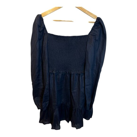 Quince 100% European Linen Smocked Mini Dress Large Navy Blue Puff Sleeves - Picture 4 of 10
